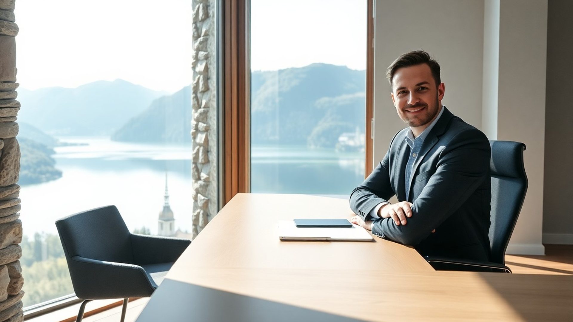 Slovenski svetovalec za varovanje premoženja pri delu v pisarni z razgledom na alpsko pokrajino